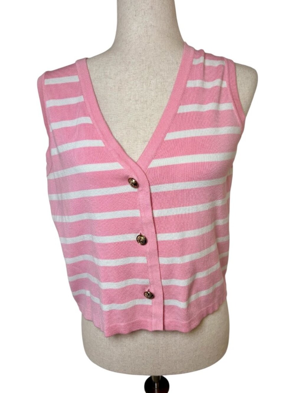 Lillusory Pink White Striped Gold Button Sweater Vest Medium